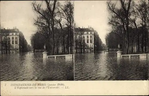 Stereo Ak Paris, Inondations de Paris, Janvier 1910, L'Esplande vers la rue de l'Universite