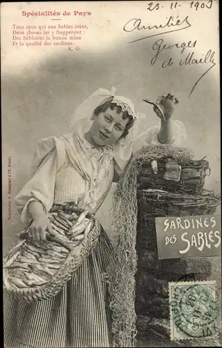 Ak Specialités de Pays, Sardines des Sables, Frau in Tracht