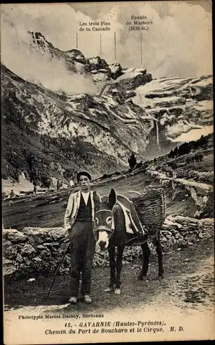 Ak Gavarnie Hautes Pyrénées, Chemin du Port de Boucharo et le Cirque, Mann in Tracht, Maultier