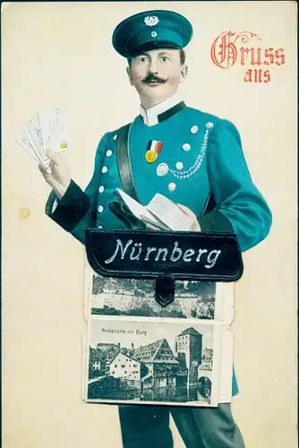 Leporello Ak Nürnberg, Henkerturm mit Burg, Briefträger