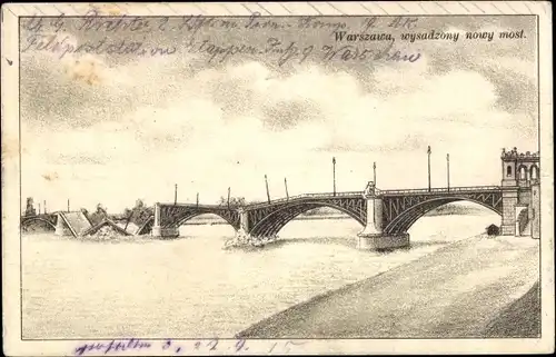 Ak Warszawa Warschau Polen, gesprengte neue Brücke