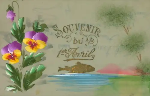 Zelluloid Ak Glückwunsch 1. April, Stiefmütterchen, Fisch