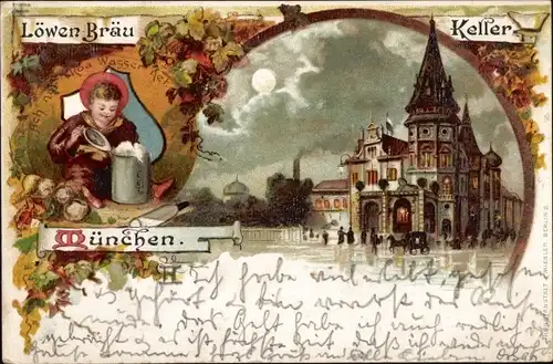 Litho München Bayern, Löwen Bräu Keller, Münchner Kindl, Bierkrug
