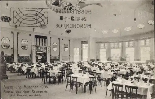 Ak München, Ausstellung 1908, Festsaal des Haupt Restaurants