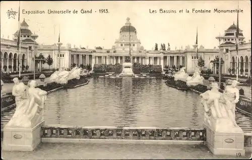 Ak Gand Gent Ostflandern, Exposition Internationale 1913, les Bassins et la Fontaine Monumentale