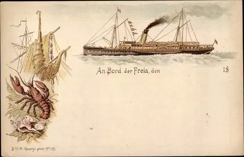 Litho Helgoländer Postkarte, Dampfer Freia, Reederei Braeunlich, Hummer