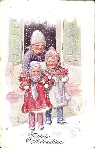 Künstler Ak Feiertag, Karl, Glückwunsch Weihnachten, drei Kinder am Fenster, BKWI 2998 5