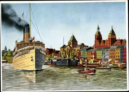 Künstler Ak Szczecin Stettin Pommern, Rügendampfer Hertha vor der Hakenterrasse