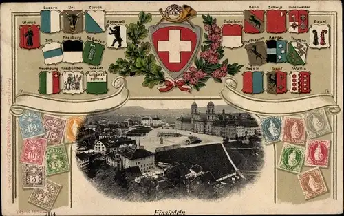 Präge Briefmarken Ak Einsiedeln Kanton Schwyz, Wappen, Appenzell, Bern, Schwyz