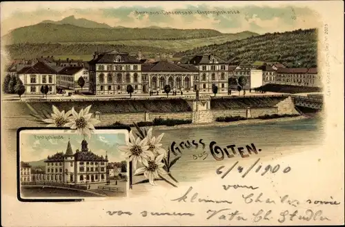 Litho Olten Kanton Solothurn, Postgebäude, Amthaus, Konzertsaal, Ersparniskassa