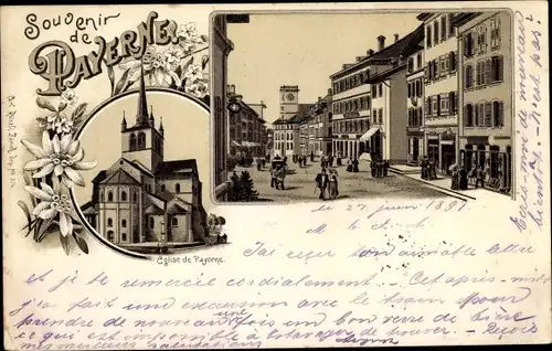 Ak Payerne Kt. Waadt Schweiz, Eglise de Payerne, Straßenpartie im Ort