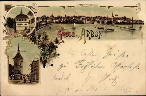 Litho Arbon Kanton Thurgau, Kirche, Rathaus, Blick auf den Ort