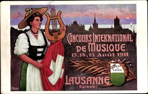 Ak Lausanne Kt. Waadt Schweiz, Frau in Tracht, Harfe, Stadtsilhouette, Schweizer Flagge