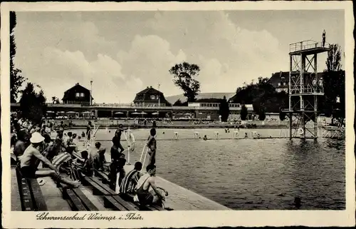 Ak Weimar in Thüringen, Schwanseebad, Badegäste, Sprungturm, Wasserspringer