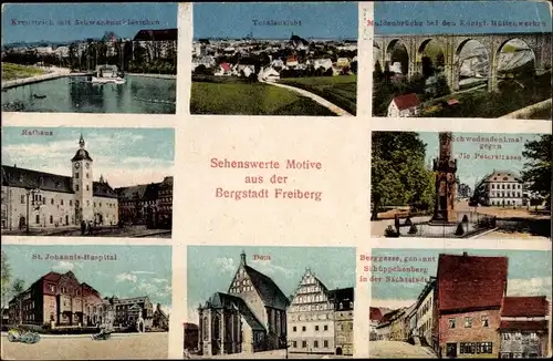Ak Freiberg in Sachsen, Rathaus, Schwedendenkmal, Berggasse, St. Johannis-Hospital