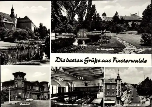 Ak Finsterwalde in der Niederlausitz, Bahnhof, Thälmannstraße, Schlossgarten, Sitzungssaal