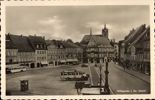 Ak Mittweida in Sachsen, Markt, Busse, Geschäfte, Turm