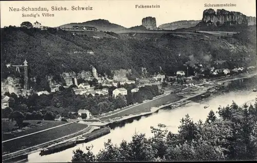Ak Bad Schandau Sächsische Schweiz, Neu-Schandau, Sendig's Villen, Falkenstein, Schrammsteine