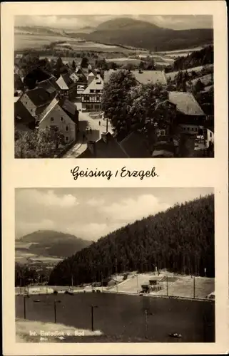 Ak Geising Altenberg im Erzgebirge, Ortsansicht, Int. Eisstadion und Bad