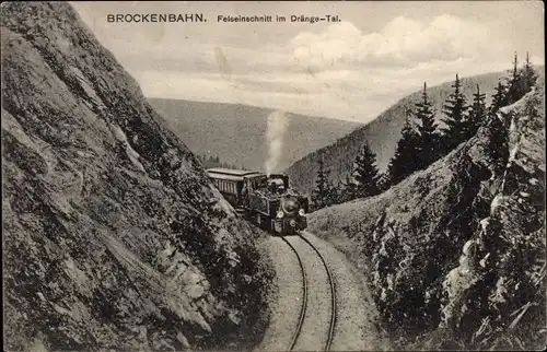 Ak Brocken Nationalpark Harz, Brockenbahn, Felseinschnitt im Dränge Tal