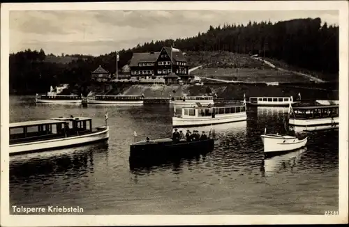 Ak Kriebstein Sachsen, Zschopau Talsperre, Motorboote auf dem Stausee, Gaststätte