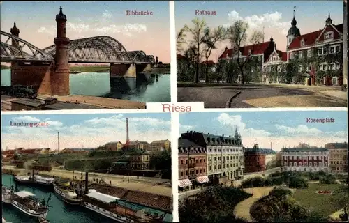 Ak Riesa an der Elbe Sachsen, Elbbrücke, Rathaus, Landungsplatz, Rosenplatz