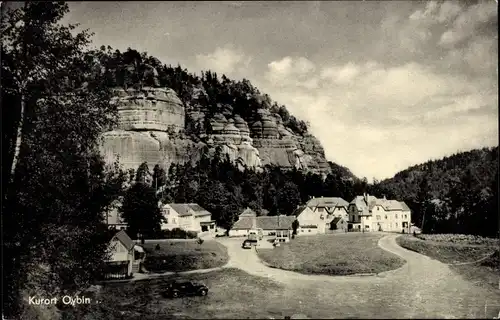 Ak Oybin in der Oberlausitz, Ortsansicht mit Berg Oybin