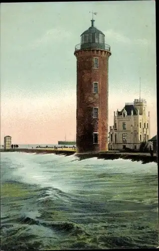 Ak Nordseebad Cuxhaven, Leuchtturm und Telegraphengebäude bei Sturmflut