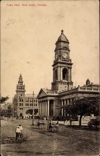 Ak Durban Südafrika, Town Hall, West Street, Uhrenturm