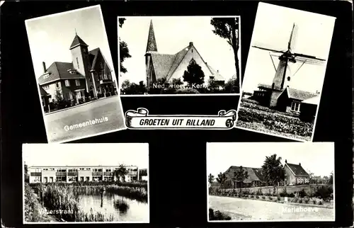 Ak Rilland Reimerswaal Zeeland Niederlande, Molen, Gemeentehuis, Ned. Herv. Kerk, Mariahoeve