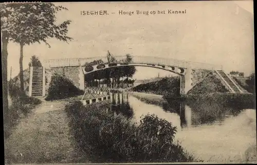 Ak Izegem Westflandern, Hooge Brug op het Kanaal, Brücke über den Kanal, Uferweg