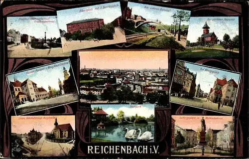 Ak Reichenbach im Vogtland, Albertplatz, Königsplatz, Stadtpark, Burgstraße, Postamt, Bahnhof