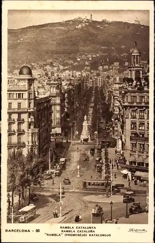 Ak Barcelona Katalonien, Rambla Catalunya, Straßenpartie, Tram, Denkmal