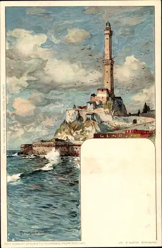 Künstler Litho Wielandt, Manuel, Genova Genua Ligurien, Küstenpartie, Leuchtturm