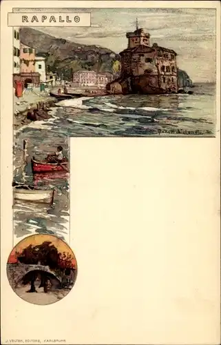 Künstler Litho Wielandt, Manuel, Rapallo Liguria, Küstenpartie, Boote, Brücke