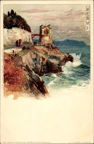Künstler Litho Wielandt, Manuel, Nervi Genova Genua Liguria, Küstenpartie, Turm