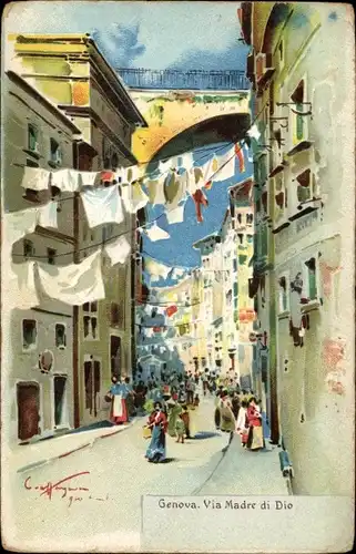 Künstler Ak Genova Genua Liguria, Via Madre di Dio, Straßenleben, Wäscheleinen
