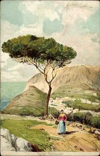 Künstler Ak Capri Neapel Campania, Ortsansicht mit Berg und Küste, Frau unter Baum