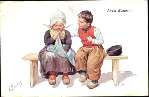Künstler Ak Feiertag, Karl, Kinder auf der Holzbank, Niederländische Tracht, Trost