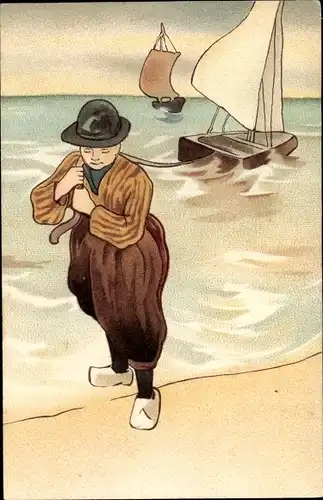 Ak Mann in niederländischer Tracht zieht ein Segelboot