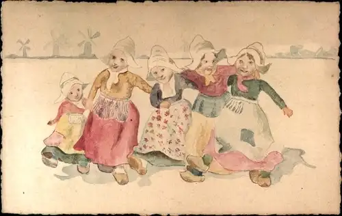 Ak Mädchen in niederländischen Trachten, Im Hintergrund Windmühlen