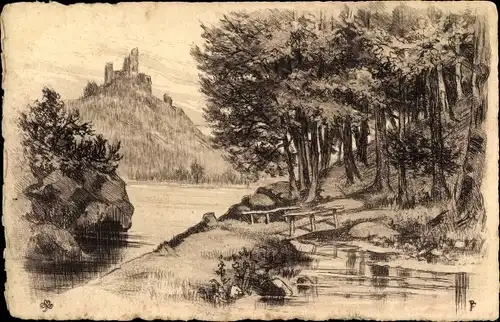 Künstler Ak Partie am Teich, Brücke, Bäume, Im Hintergrund ein Schloss