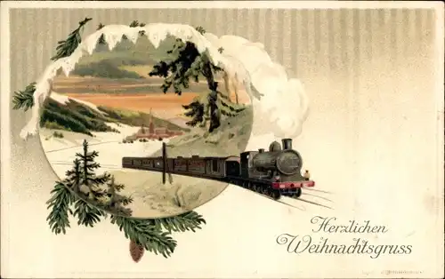 Präge Ak Herzlichen Weihnachtsgruß, Lokomotive, Schnee, Tannenzapfen, Tanne