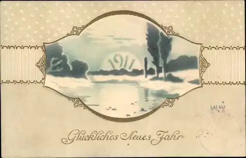 Präge Passepartout Ak Glückwunsch Neujahr 1911, Fluss, Bäume