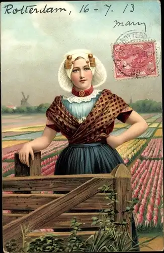 Ak Frau in niederländischer Tracht, Tulpenfeld, Windmühle, Stengel 29593