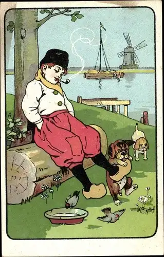 Ak Junge in niederländischer Tracht, Pfeife, Hunde, Windmühle, Boot