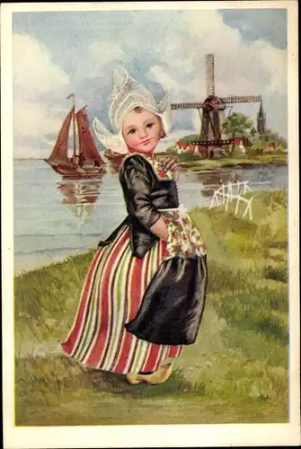 Ak Mädchen in niederländischer Tracht, Windmühle, Segelboot
