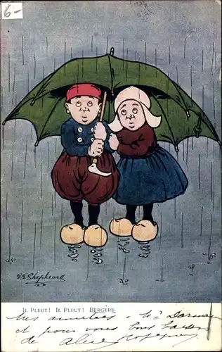 Künstler Ak Shepheard, Il Pleut, Bergere, Liebespaar in Tracht unter Regenschirm, Munk 185