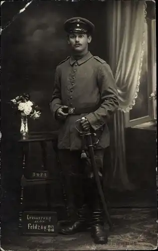 Foto Ak Deutscher Soldat in Uniform, Kaiserzeit, Erinnerung an Feldzug, I. WK