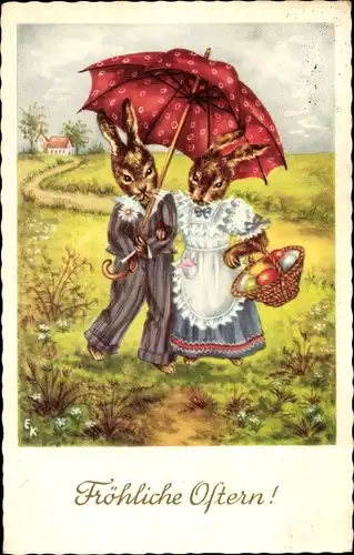 Ak Glückwunsch Ostern, Osterhasen, Korb mit Ostereiern, Sonnenschirm